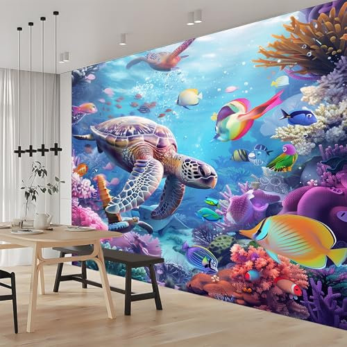 Générique 3D Panoramique Murale Animal Marin Tortue De Mer 250x175 cm Papier Peint Intissé pour Salon Chambre Enfant Chambre Décoration Murale Poster Tableaux Photo Muraux