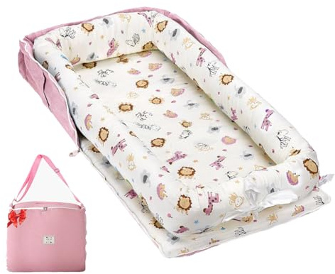 Loevin Baby Lounger for Newborns & Infants 0–24 Months, 100% Cotton Breathable Infant Support Cushion with Adjustable Size, Portable Baby Nest for Home and Travel, Baby Shower Gift (Animal World Pink)