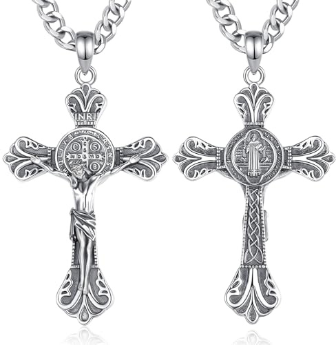 AEONSLOVE Collana Crocifisso Uomo Argento 925 Medaglia San Benedetto Argento Ciondolo Croce Cristiana Croce di San Benedetto Collana con Croce Gesù Cristo Gioielli Cattolico Cattolico Cristiani