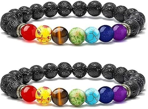 Votvlog 2 Pz Pulsera de 7 Perlas Chakras, Piedra Natural de 8 mm, Para Mujer y Hombre, Piedra Volcánica Elástica, Amuleto de la Suerte, Planetas Sistema Solar