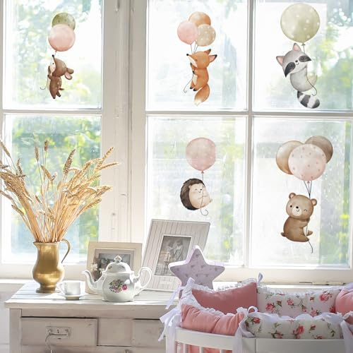 Alwayspon Doppelseitige Fensteraufkleber, Anti-Kollisions-Aufkleber für Kinderfenster, Fuchs und Ballon, Fensteraufkleber für Glas, Babyzimmer, Zuhause, Kinderzimmer, Klassenzimmer, Dekoration,