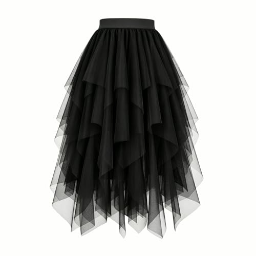 WERFORU Jupes Femme en Tulle, Jupes Hautes-Basses Superposées, Jupe en Tulle Irrégulière, Jupe A-Ligne, Jupe Midi, Jupe d'Été, Jupes Puffées Fée, Jupes, a-noir, XXL