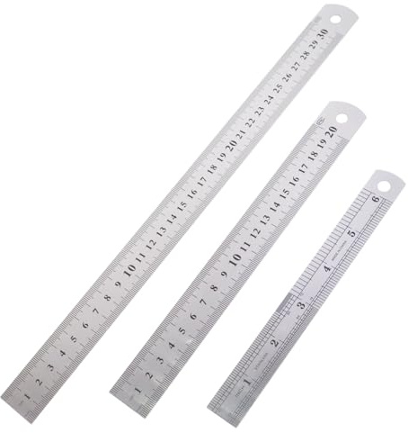 Metalllinjalset, 3-delat set med 15 cm, 20 cm och 30 cm linjal, dubbelsidig skala (metrisk och tum) tjocklek 0,5 mm, precisionsmätverktyg för kontor, skola, ingenjör, arkitektur