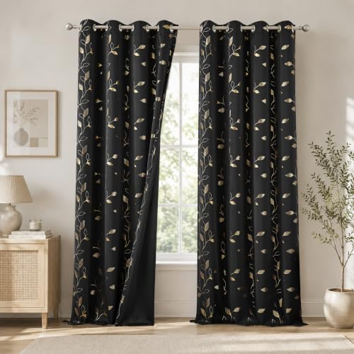 Bujasso Black Blackout Curtains Print Golden Leaf Patterned 54x72 Grommet | Full Blackout Woven Fabric, Gold Metallic Leaf Print, Thermal Insulated For Energy Saving, Grommet Top, Room Darkening