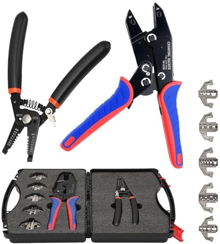 Crimpzange Set mit Wechselbacken 7 Stück Schnellwechselbacken Abisolierzange mit 5 auswechselbaren Einsätzen Crimpzange Krimpzangenset für Aderendhülsen Kabelschuhe Schrumpfverbinder Flachstecke