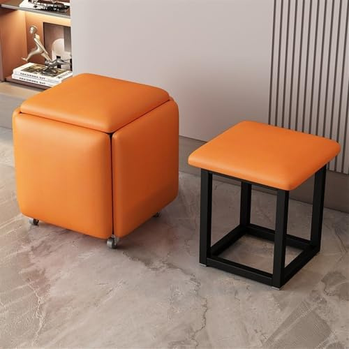 Asiento de cubo de piel de napa azul 5 en 1 con ruedas giratorias, otomana apilable y silla rodante, reposapiés móvil para sala de estar y dormitorio, diseño compacto