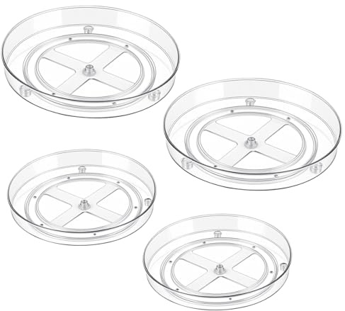 4 Stück Kühlschrank Drehteller, 2 Größe, 23,3 x 3,5 cm und 27 x 4,5 cm | YIXNSW, Transparente PET, Organizer für Gewürz Speisekammer, Platzsparend, Leicht zu Reinigen
