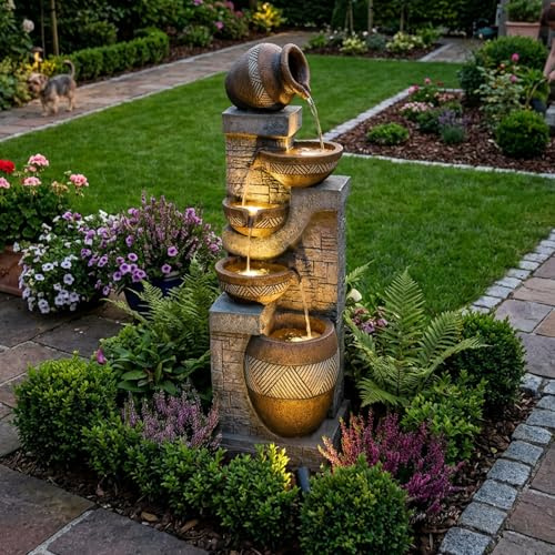 Bumilgar 108CM Outdoor Cascading Pots Water Features- 5 Tiered Jar Garden Water Fountain Rustic Stone-Look Polyresin Freestanding Indoor Waterfall for Patio Porch Backyard and Home Decor, Brown