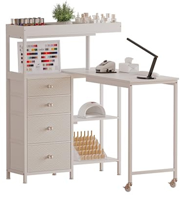 NinPeen L-Shaped Manicure Table with Drawers and Storage Shelves,Rotating Nail Workstation on Wheels with Charging Station,Nail Tablefor Nail Tech,Home,Makeup Beauty Salon (White)
