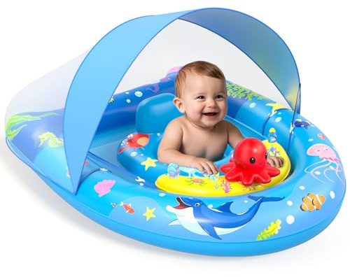 Sunrad Schwimmring Baby mit UPF50+ Sonnendach,Baby Schwimmring ab 6-36 Monate Schwimmhilfe Kinder mit Verstellbarer Sicherheitssitz & Spielzeug,Schwimmreifen Kleinkind Pool Schwimmring für Jungen