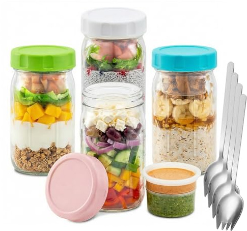 4 Pack Glass Salad Jars with Lids for Meal Prep, Large Leakproof Salad Pod, Overnight Oats Container, Separate Compartments for Dressing & Dry Ingredients, Meal Prep On the Go Jar for Lunch - 32 oz