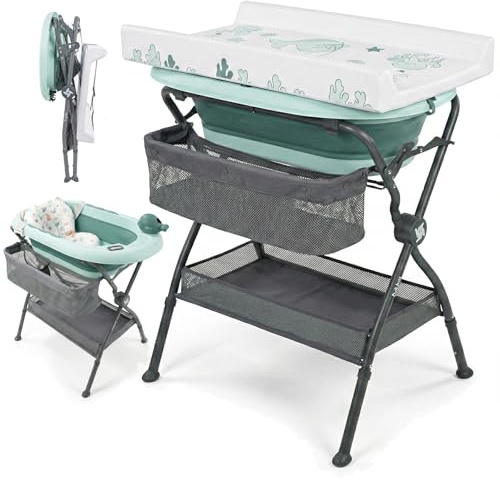 Twinly Bubbly Fasciatoio Neonato con Termometro Integrato - Vaschetta Bagnetto Pieghevole 2 in 1 - Accessori Neonato Utili 0-3 Mesi - Materassino Impermeabile (verde)