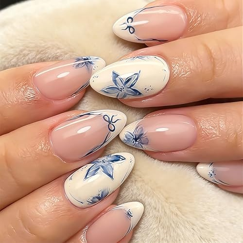 Floruvia 24 stück blaue french tips aufklebbare nägel mittel,blumen aufklebe-nägel, salon qualität.florale designer wiederverwendbare acryl-kunstnägel aufkleber
