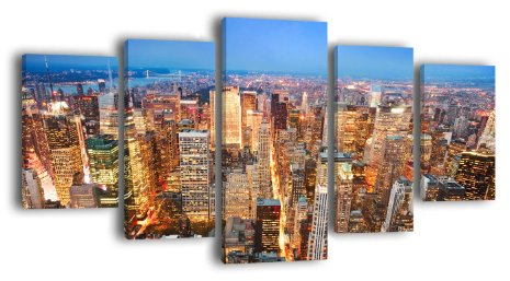 Leinwandbild Goldenes Manhattan LW272 Wandbild, Bild auf Leinwand, 5 Teile, 210 x 100 cm, Kunstdruck Canvas, XXL Bilder, Keilrahmenbild, fertig aufgespannt, Bild, Holzrahmen, New York, Nacht, Skyline