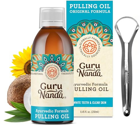 GuruNanda Original Oil Pulling with Tongue Scraper, Alcohol & Fluoriode Free Mouthwash for Teeth & Gum Health & Fresh Breath (Unflavoured), 250 ml