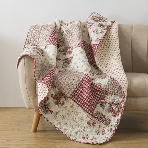 SLPR Cotton Quilted Throw Blanket, 50 x 60 Floral Farmhouse Patchwork Quilt, Shabby Chic Patchwork Throw Lap Quilt for Couch, Country Roses