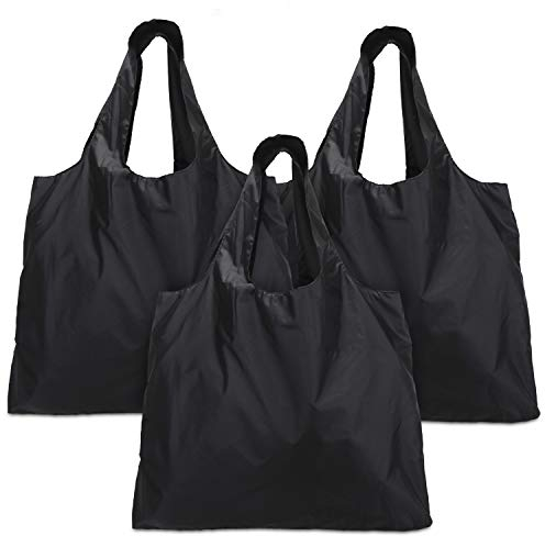 Luxja einkaufstasche faltbar, einkaufsbeutel Wiederverwendbare, faltbare einkaufstaschen mit angebrachtem Beutel, Waschbar, Dauerhaft und Leicht, 3 Stück, Schwarz
