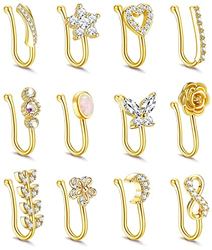 Kakonia 12 st falska näsringar för kvinnor näsa manschetter icke-piercing smycken CZ opal fjäril måne hjärta blomma klämma på näsring justerbara falska näsringar set, Rostfritt stål