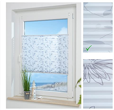 ourdeco Klemmfix-Plissee / 80 x 130 cm Blätter grau/lichtdurchlässig, Blickdicht/Montage ohne Bohren