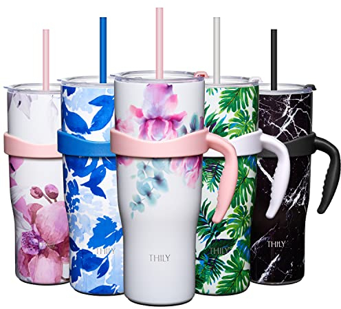 THILY 1180 ml Isolierbecher mit Griff – Edelstahl dreifach isolierter Kaffee-Reisebecher mit Deckel und Strohhalmen, hält Getränke 34 Stunden kalt oder 12 Stunden heiß, BPA-frei, rosa Lilien