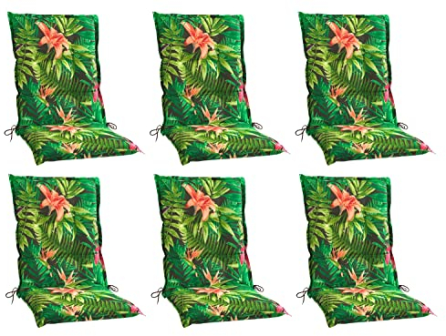 Home4You Gartenstuhlauflagen Mittellehner 6er Set - 110 x 50 cm - Grün - Dschungelmotiv - Baumwolle - Polyester - Sesselauflage Sitzpolster Stuhlauflage
