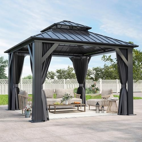 GARTOO 10'x10' Outdoor Hardtop Gazebo with Double Roof - Heavy-Duty Steel Top Aluminum Frame Gazebo with Breathable Netting & Privacy Curtain for Patio, Porch, Garden, Lawn, Deck, Backyard