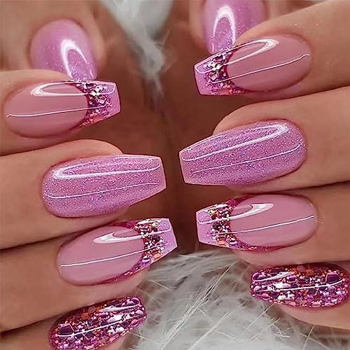 24pcs French Tip False Nails Medium Coffin Stick on Nails Glitter Purple Pink Press on Nail Removable Full Cover Acrylic Glue on Fake Nail Art Accessories for Women