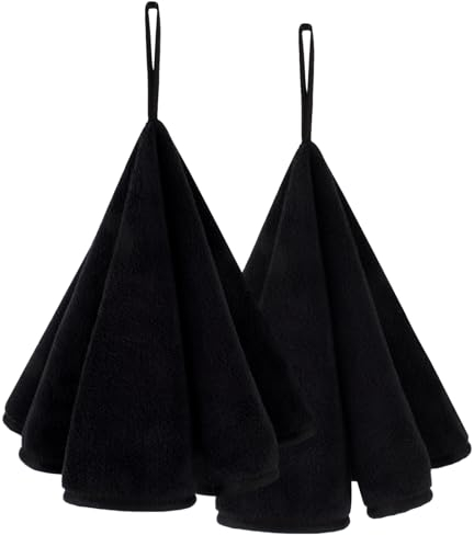 VIVOTE 2-Piece Hand Towels with Loops, Fast Drying Hand Towels for Bathroom, Soft & Super Absorbent, Round Microfibre Hand Towel with Lanyard Design (Black 50 * 50cm)