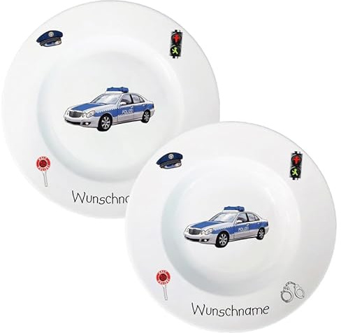 Kindergeschirr Polizei Speiseservice 2-tlg. Suppenteller und Speiseteller Kinder Service Set aus Porzellan personalisierbar mit Wunschname Name Kindergeschirr mit Namen personalisiert