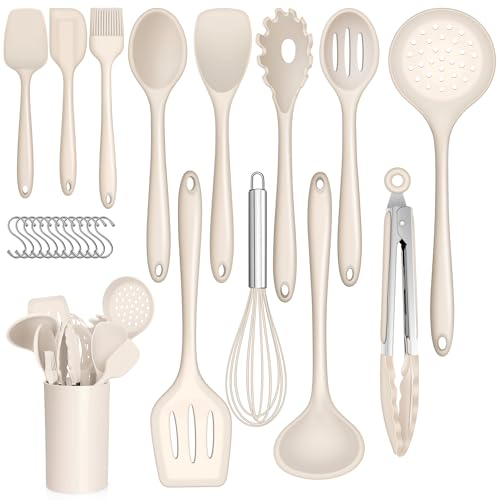 Joyfair - Set di 25 utensili da cucina in silicone, antiaderenti, resistenti al calore, con supporto per utensili e gancio a S, lavabile in lavastoviglie, colore: cachi