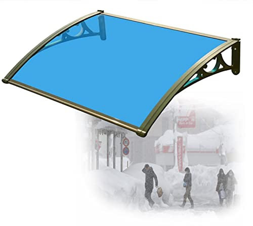 Vordach für die Vordertür, Außenmarkise, Fenster-Regenschutz, Gartenüberdachung, Terrassenveranda-Markise mit Polycarbonatplatte in Blau und Aluminiumrahmen in Champagner für die Veranda an