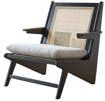 WHITEUQ Akzent-Rattanstuhl, Lesestuhl mit Armlehnen, moderner Stuhl aus der Mitte des Jahrhunderts für Wohnzimmer, Schlafzimmer, Balkon, Terrasse (schwarz, Einheitsgröße)