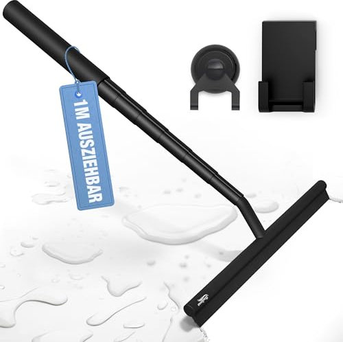 BADIONA Ausziehbarer Duschabzieher Schwarz - Abzieher Dusche mit 100cm Teleskopstange I Duschkabinenabzieher Duschwischer Fensterputzer Badwischer I Wasserabzieher ohne Bohren für Badezimmer