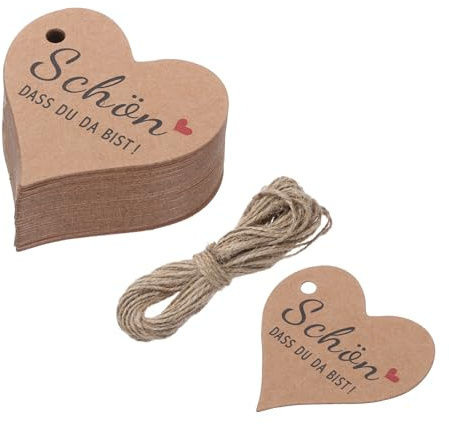QUARKZMAN 50 Stück Geschenkanhänger Kraftpapier Etiketten Geschenk Anhänger Tags, Herz SCHÖN DASS DU DA BIST Kärtchen mit 20 Meter Jute Schnur für Geschenkverpackung Weihnachten, Schwarz