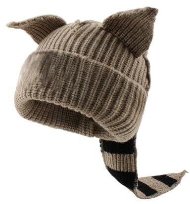 WUODHTW Strickmütze, niedlicher Hase, lange Ohren, lustige Mütze, flauschige Wintermütze, warm, Kaninchen, gehäkelt, Totenkopfmütze, Halloween, Hip-Hop-Mütze, Khaki, Einheitsgröße