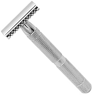 Edelstahl Sicherheitsrasierer für Herren mit Gründlicher Glatter Rasur | Zuhause Geeignet, Strukturierte Oberfläche, Silberne Optik, Dichter Schnitt, Professioneller Bartpflege Eindruck
