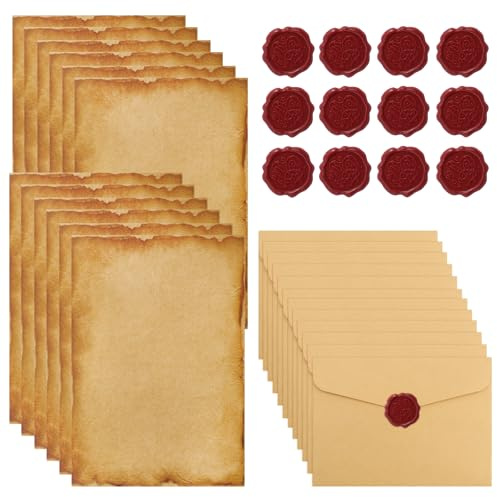 Scettar 36 Briefpapier mit Umschlag，Briefumschläge Vintage Enthalten 12 Briefumschläge Vintage,12 Briefpapier A5 und 12 Wachssiegel-aufkleber für Liebesbriefe, Einladungskarten und Geschenke verwendet