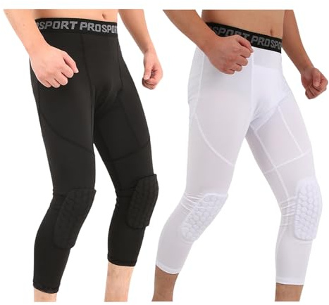 SHAIYOU Basketball Pants with Knee Pads 3/4 Compression Leggings, Cool Dry Wicking Athletic Base Layer Capri Tights Training Gym Workout Pants