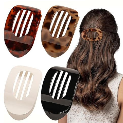 MUNZE Lot De 4 Pinces À Cheveux Plates En Écaille De Tortue Léopard, Pour Femme, Pinces Rondes Pour Cheveux Épais Et Fins, Clips Plats Incurvés Confortables