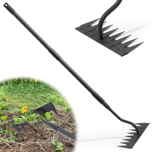 Rastrillo de jardín, mango largo de 140 cm, 8 dientes de jardín de carga pesada, rastrillo de metal de carbono de jardín, rastrillo manual para malezas, rastillo de jardín trasero, herramienta de