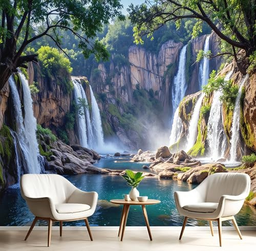 Decoración Mural Azul-Verde Cascada Del Bosque Papel Pintado Paisajes Naturales 3D Murales Seda Material Para Fotográfico Tapiz Salón Dormitorio Cocina Decoración Del Hogar,400X280Cm