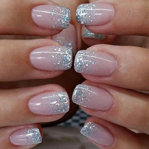Curvlife 30pcs Short Press On Nails, Shining Stick on Fake Nails Design Glossy Acrylic Nails Tips Glue on Square Press on Nails For Women False Nail Kit With Nail Glue