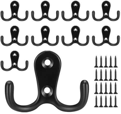 Vexorlian 10 Pcs Coat Hooks, Heavy Duty Wall Hooks for Hanging, Double Coat Hooks Wall Mounted for Living Room, Bathroom, Bedroom, Bag, Scarf, Towel, Hat, Key, Cup, Black