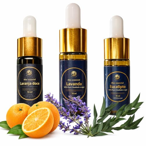 Pack 3 Aceites Esenciales Relajación Fresca – Lavanda (Sueño), Naranja Dulce (Ánimo) y Eucalipto (Respirar) 100 % Puros Naturales – Aromaterapia y Bienestar – Bislop Portugal – 3 × 10 ml
