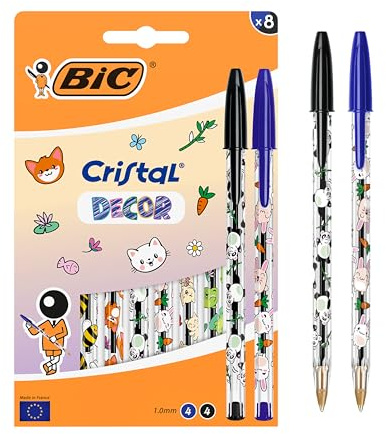Penne a Sfera BIC Cristal Decors Kawaii Punta Media (1 mm) Inchiostro Blu e Nero - Disegni Kawaii Assortiti, Confezione da 8