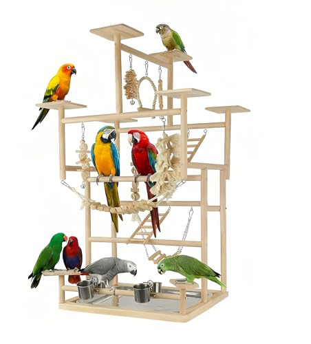 VELVETPAW Bird Playground – 7-Level Natural Wood Parrot Playstand with Toys & Feeders, Modular 2-Tier Bird Play Gym, Detachable Top Tabletop Stand