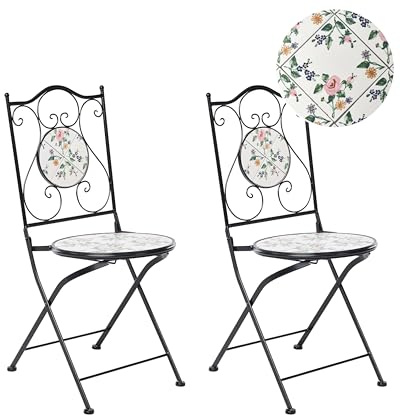 Beliani Lot de 2 Chaises de Jardin en Métal Pliables Fer Forgé Carreaux de Mosaïque Céramique Noir Collio