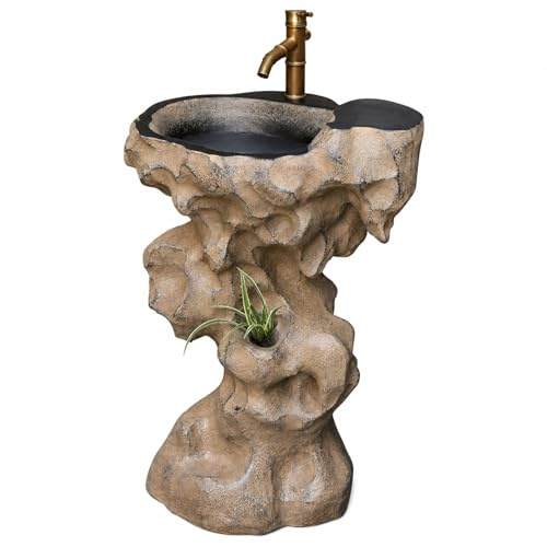 CHBCJJYP Lavabo da Esterno con Piedistallo, Effetto Pietra, Rubinetto in Ottone con Adattatore per Tubo Flessibile, Lavabo per Giardino, Patio, Cortile e Veranda
