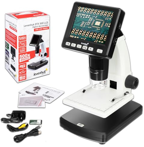 Levenhuk DTX 500 LCD Digitalmikroskop 20–500x mit 3,5 Bildschirm | Integrierte Kamera, 8 LED-Beleuchtung, Foto/Video, Messfunktion, USB- und Akku-Betrieb, für Elektronik, Schmuck und Münzen