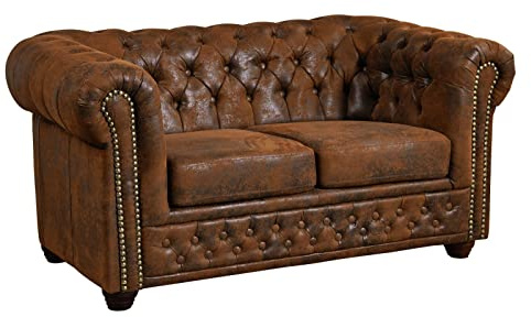 MASSIVMOEBEL24.DE | Sofa Chesterfield, 2 Sitzer Couch Leder Optik, braun im englischen Kolonialstil 148x86x72, Chesterfield Serie
